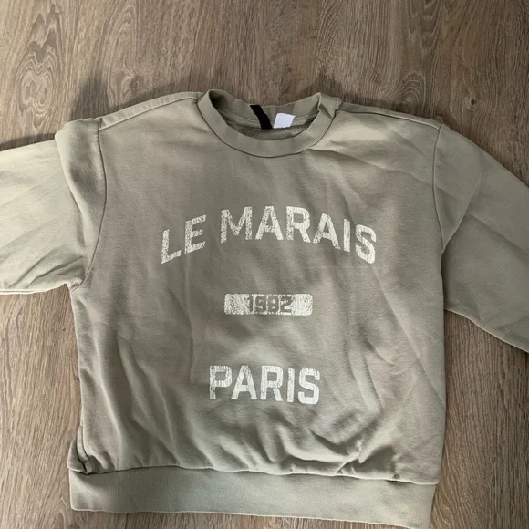 Divided Olive Green Crewneck Sweater with Text Design - Picture 2 of 2